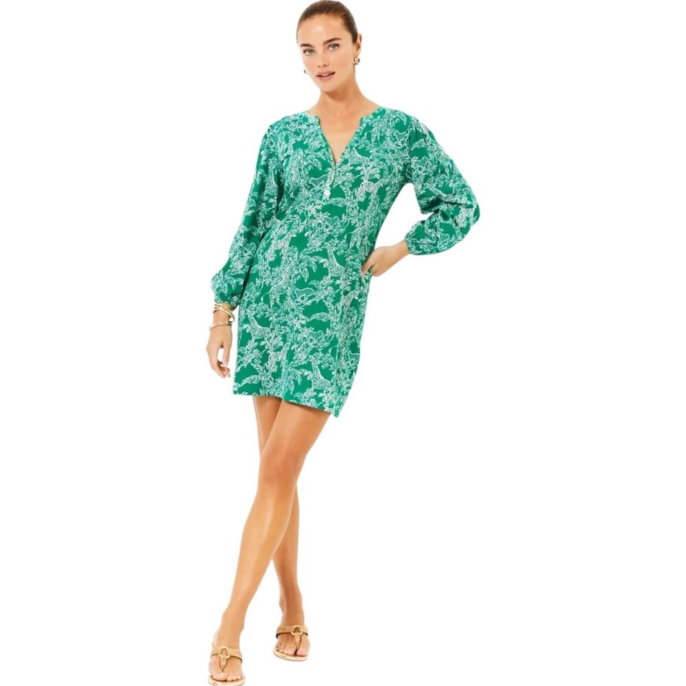 Lilly Pulitzer Emery Dress Fiddle Leaf Green Safari Party Cotton Notch Neck XL